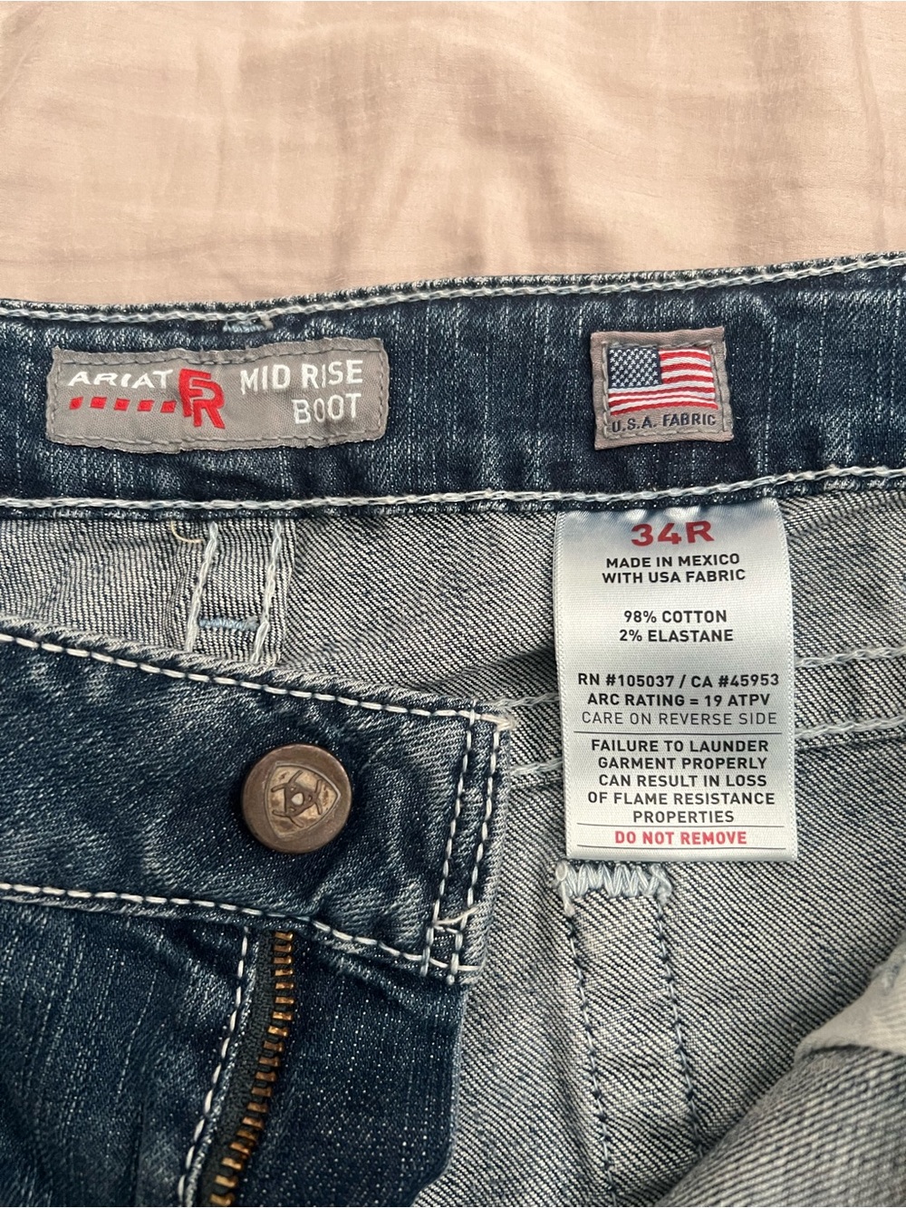 Ariat Mid-Rise FR Bootcut Jeans in Dark Wash Blue, 34R